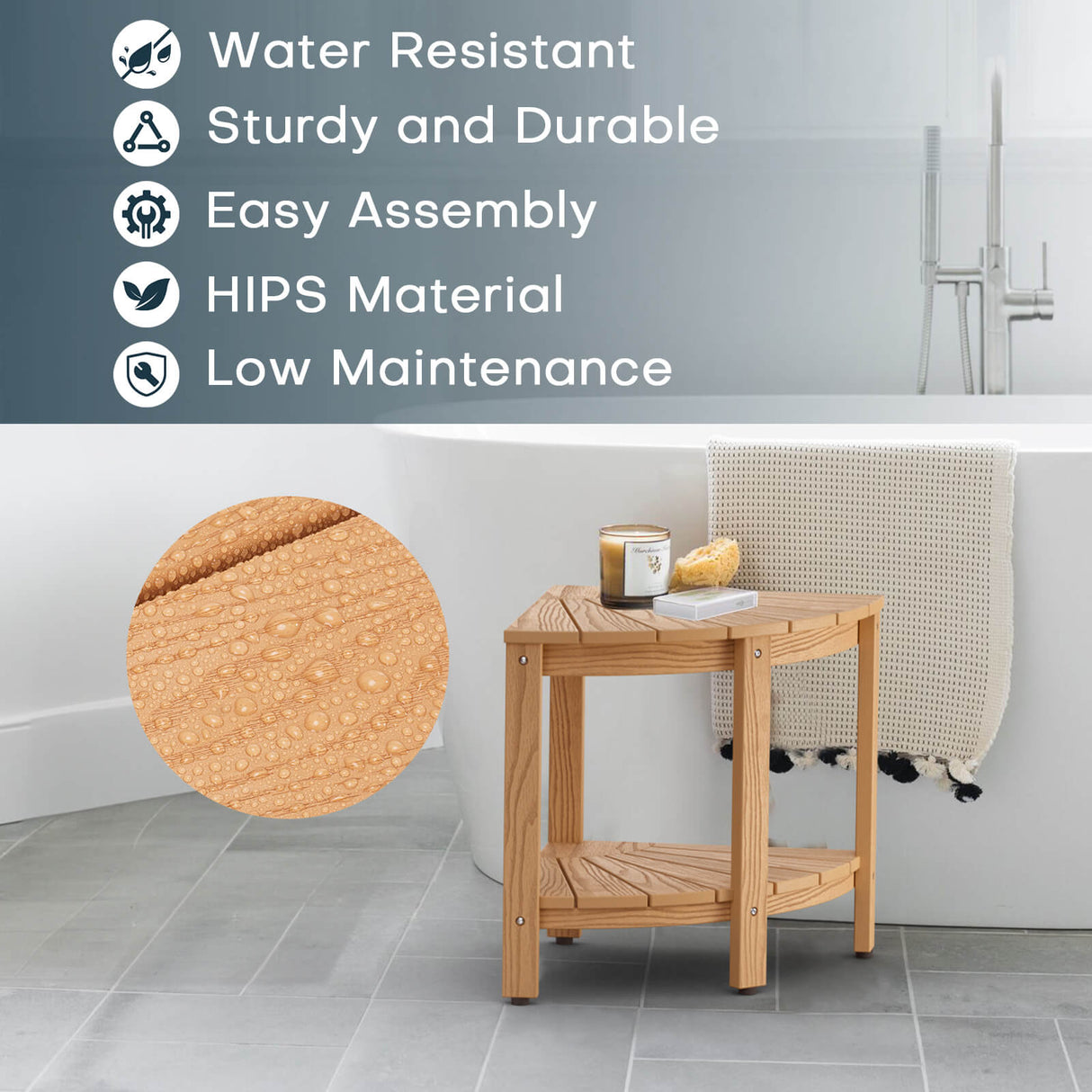 pstreman 16" Corner Shower Bench Shower Stool for Inside Shower Seat with Shelf Foot Rest for Shaving Legs Water Resistance No-Maintenance Wooden-Like for Bathroom Spa Small Spaces (Teak Color)