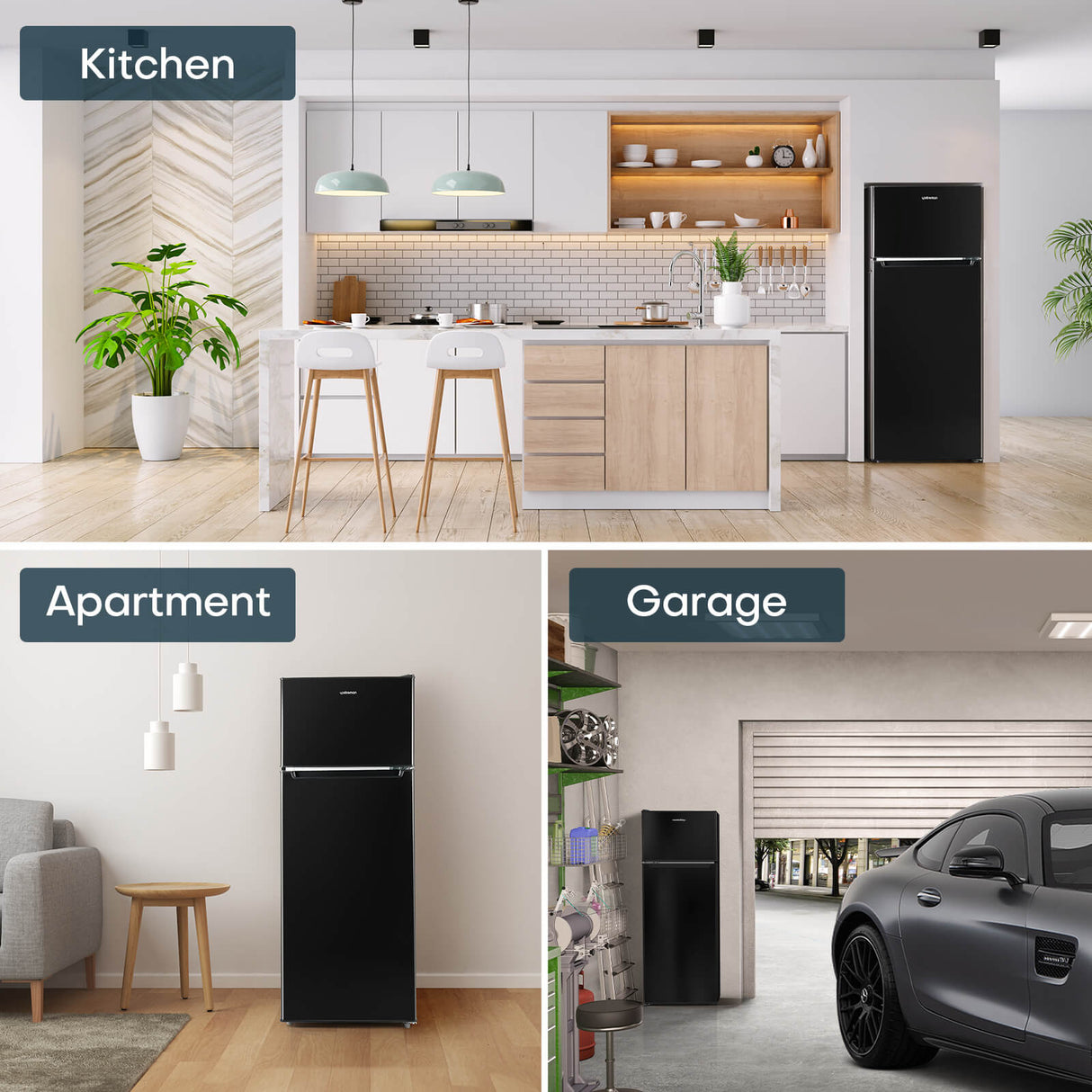 Upstreman 7.7 Cu.Ft. Double Door-Apartment Size Fridge with Large Capacity Top Freezer, Adjustable Thermostat Control, Reversible Door Swing,Black(BD75)