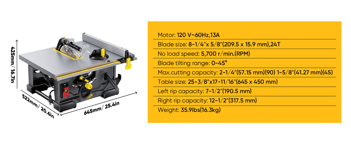 Upstreman M1 Pro 8.25" Table Saw, 13Amps, 5700RPM Rotor, with 24T Blade, Equipping with Onboard Carrying Handle Easy to Carry, 2.1“ Cut at 0 Deg, 1.6” Cut at 45 Deg, 0-45 Deg Adjustable