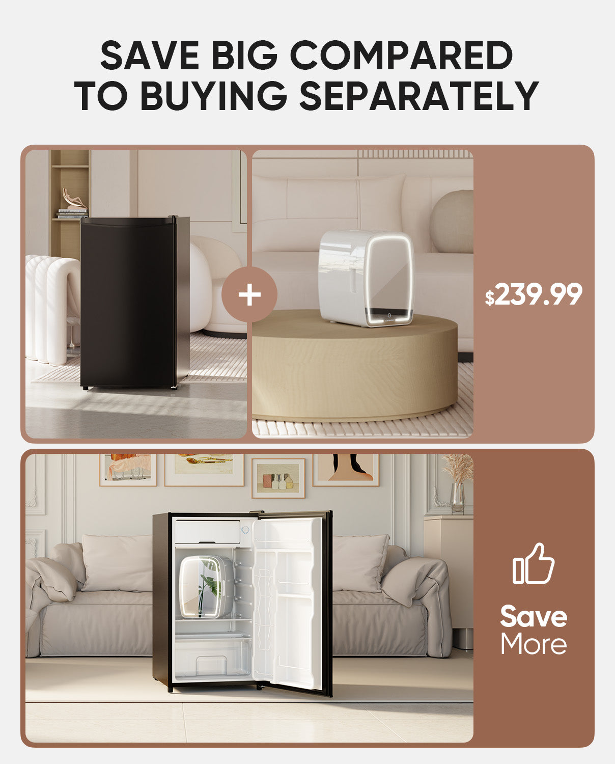 BR321A, 3.2 Cu.Ft. Mini Fridge and 6L Skincare Fridge in 1 Package