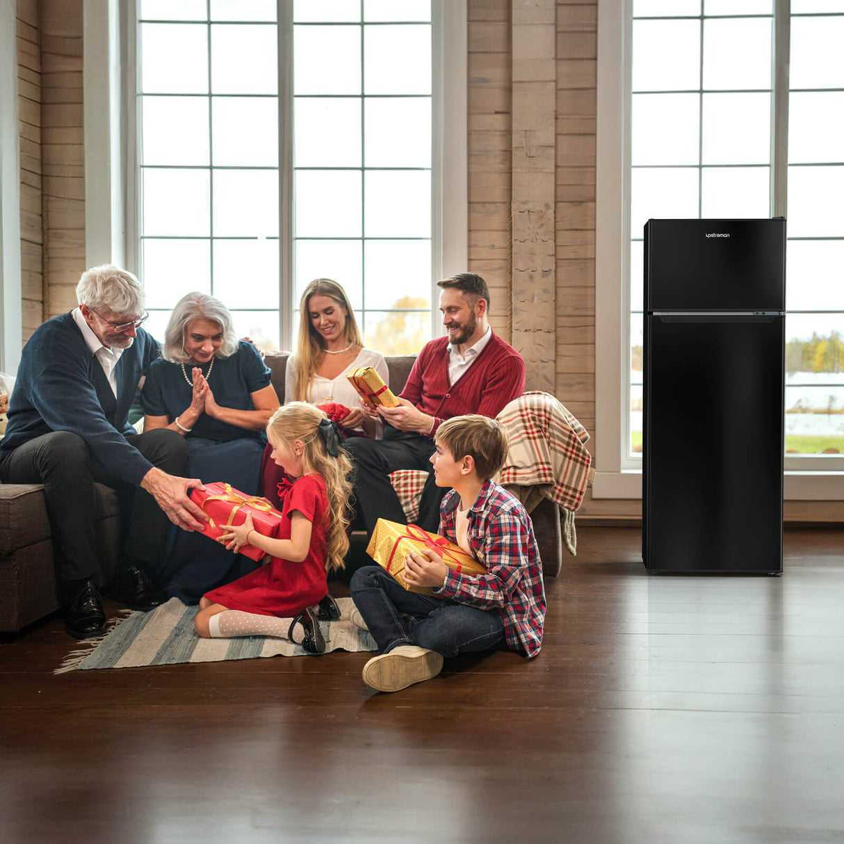 Upstreman 7.7 Cu.Ft. Double Door-Apartment Size Fridge with Large Capacity Top Freezer, Adjustable Thermostat Control, Reversible Door Swing,Black(BD75)