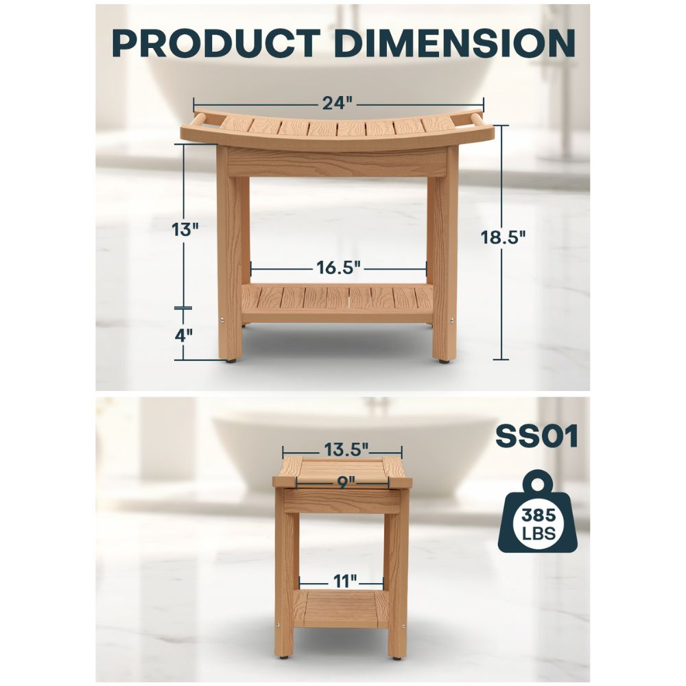 Upstreman 24" Shower Benches for Inside Shower Stool with Large Storage Shelf Water Resistant & Non-Slip Feets Design for Bathroom Living Room Bedroom (Teak Color)