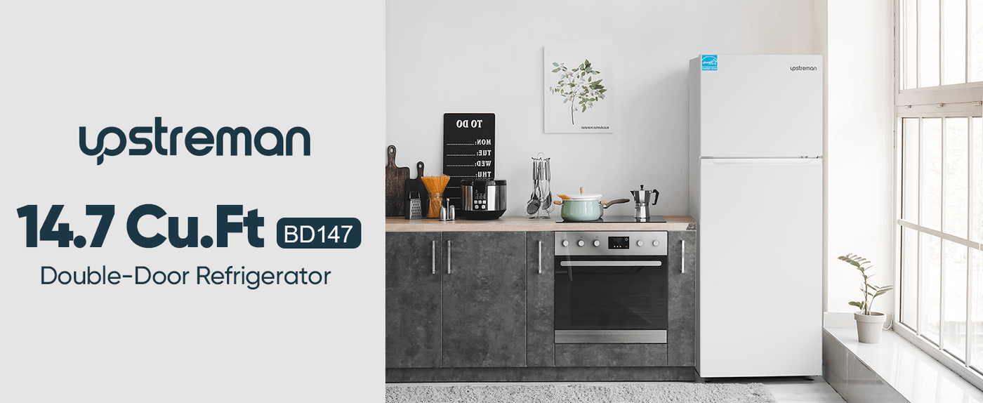 Upstreman 14.7 Cu.Ft. Double Door Fridge in White Steel with Large Capacity Top Freezer, Frost Free, Adjustable Thermostat Control, Fingerprint-resistant,Reversible Door Swing, ENERGY STAR