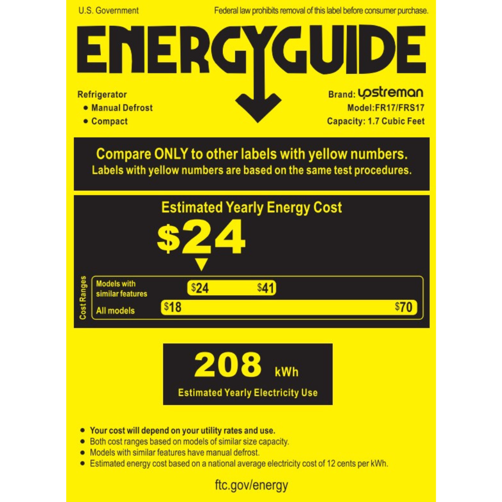 Upstreman 1.7 Cu.ft Single Door Mini Fridge. Upstreman 1.7 Cu.ft Mini Fridge with Freezer, Adjustable Thermostat, Energy Saving, Low Noise, Single Door Compact Refrigerator for Dorm, Office, Bedroom
