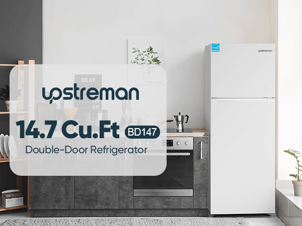 Upstreman 14.7 Cu.Ft. Double Door Fridge in White Steel with Large Capacity Top Freezer, Frost Free, Adjustable Thermostat Control, Fingerprint-resistant,Reversible Door Swing, ENERGY STAR