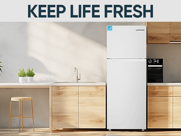 Upstreman 14.7 Cu.Ft. Double Door Fridge in White Steel with Large Capacity Top Freezer, Frost Free, Adjustable Thermostat Control, Fingerprint-resistant,Reversible Door Swing, ENERGY STAR