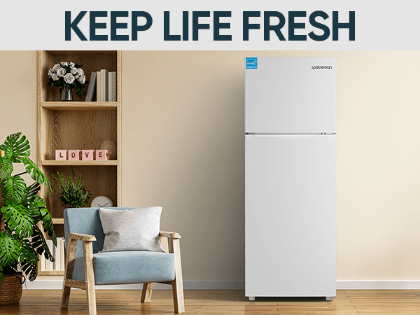 Upstreman 14.7 Cu.Ft. Double Door Fridge in White Steel with Large Capacity Top Freezer, Frost Free, Adjustable Thermostat Control, Fingerprint-resistant,Reversible Door Swing, ENERGY STAR