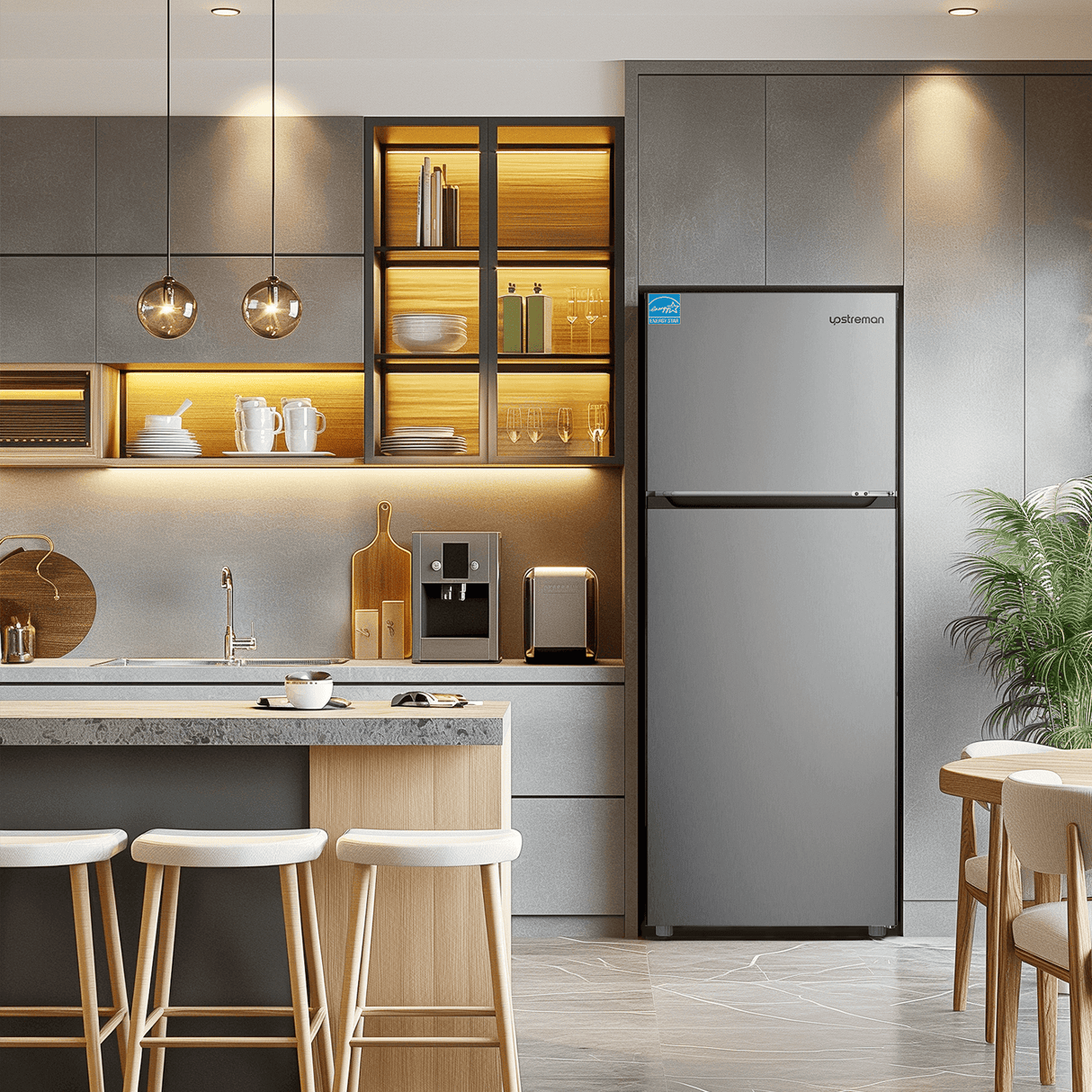 pstreman 14.7 Cu.Ft. Double Door Fridge in White Steel with Large Capacity Top Freezer, Frost Free, Adjustable Thermostat Control, Fingerprint-resistant,Reversible Door Swing, ENERGY STAR