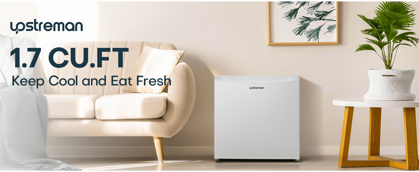 Upstreman 1.7 Cu.ft Mini Fridge with Freezer, Adjustable Thermostat, Energy Saving, Low Noise, Single Door Compact Refrigerator for Dorm, Office, Bedroom