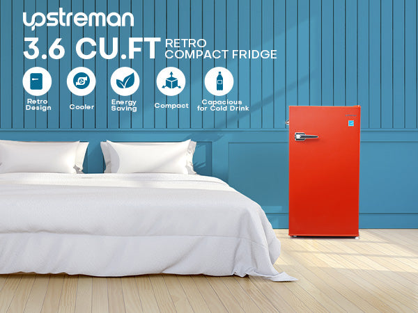 Upstreman 3.6 Cu Ft Small Refrigerator without Freezer, Retro Mini Fridge, Manual Defrost Free, Adjustable Thermostat, Side Bottle Opener, Small Fridge for Office, Bedroom, Dorm, Red-CR35