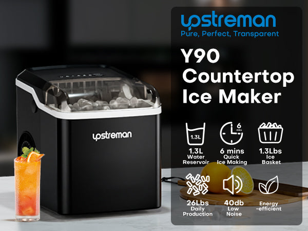 Upstreman Y90 Countertop Ice Maker, Self-Cleaning Ice Cube Maker Machine, Max 26Lbs/Day, 9 Ice Cubes Ready in 6 Mins, Portable Bullet Ice Maker for Home, Kitchen, Office, Party