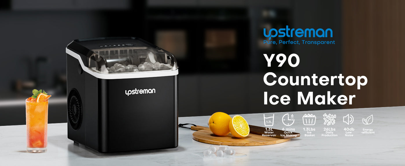 Upstreman Y90 Countertop Ice Maker, Self-Cleaning Ice Cube Maker Machine, Max 26Lbs/Day, 9 Ice Cubes Ready in 6 Mins, Portable Bullet Ice Maker for Home, Kitchen, Office, Party