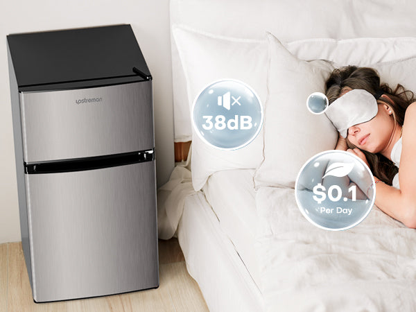 Upstreman 3.2 Cu.Ft Mini Fridge with Freezer, Stainless Steel 2 door, Adjustable Thermostat, Low noise, Energy-efficient, Compact Refrigerator for Dorm, Office, Bedroom