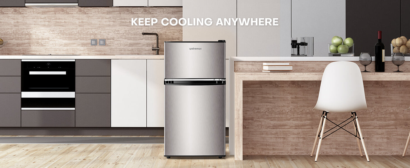 Upstreman 3.2 Cu.Ft Mini Fridge with Freezer, Stainless Steel 2 door, Adjustable Thermostat, Low noise, Energy-efficient, Compact Refrigerator for Dorm, Office, Bedroom