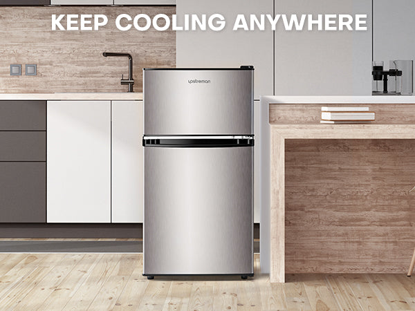 Upstreman 3.2 Cu.Ft Mini Fridge with Freezer, Stainless Steel 2 door, Adjustable Thermostat, Low noise, Energy-efficient, Compact Refrigerator for Dorm, Office, Bedroom