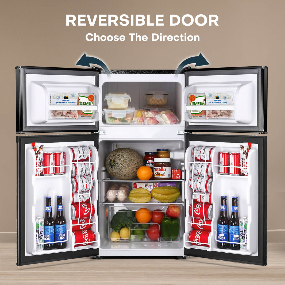 Two-Door Mini Refrigerator 3.2Cu.Ft, Freestanding Mini Fridge with Freezer