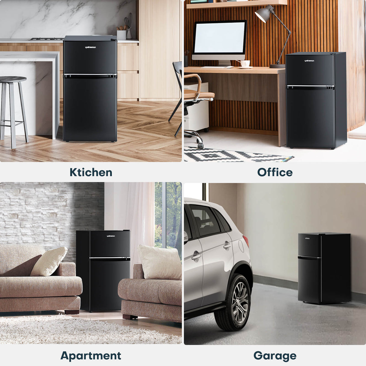 Upstreman 3.2 Cu.Ft Mini Fridge with Freezer, Stainless Steel 2 door, Adjustable Thermostat, Low noise, Energy-efficient, Compact Refrigerator for Dorm, Office, Bedroom