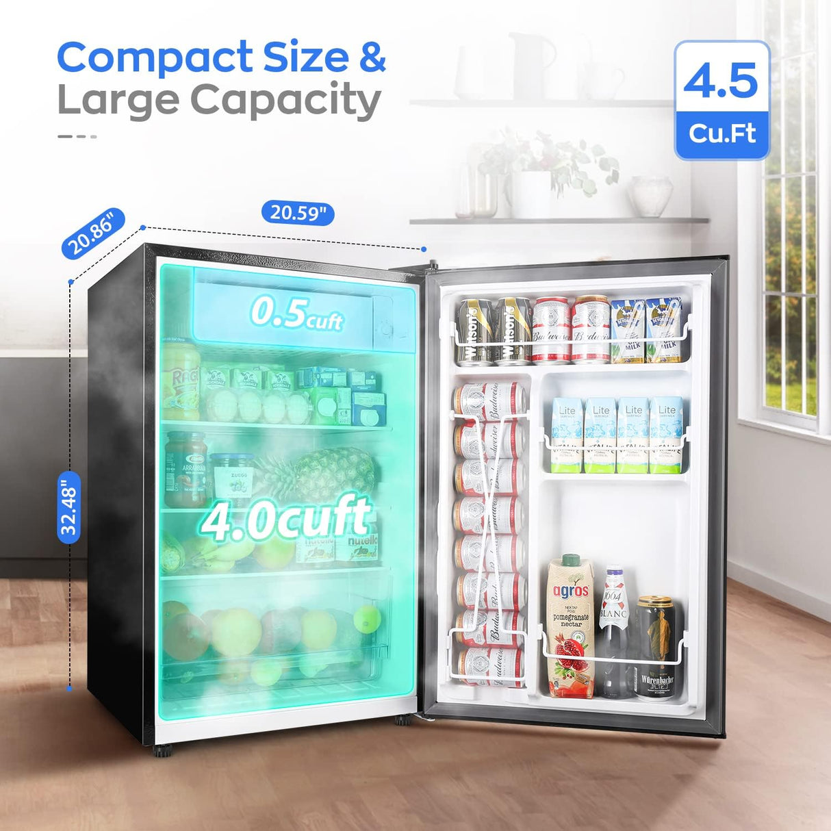 Upstreman 3.2 CU.FT Mini Fridge with Freezer, Stainless Steel 2 Door, Adjustable Thermostat, Low Noise, Energy-Efficient, Compact Refrigerator for