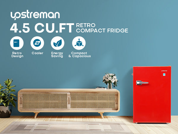 Upstreman 4.5 Cu Ft Retro Compact Refrigerator, Mini Fridge with Freezer for Bedroom, Adjustable Thermostat, Side Bottle Opener, Small Fridge for Office, Bedroom, Dorm, Bar, Red-CR45