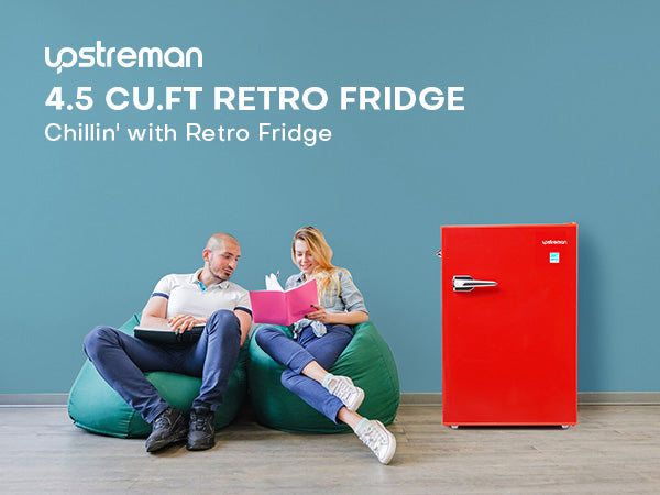 Upstreman 4.5 Cu Ft Retro Compact Refrigerator, Mini Fridge with Freezer for Bedroom, Adjustable Thermostat, Side Bottle Opener, Small Fridge for Office, Bedroom, Dorm, Bar, Red-CR45