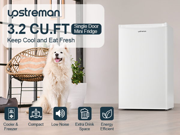 Upstreman 3.2 Cu.Ft Mini Fridge with Freezer, Single Door Mini Fridge, Adjustable Thermostat, Mini Refrigerator for Dorm, Office, Bedroom, White