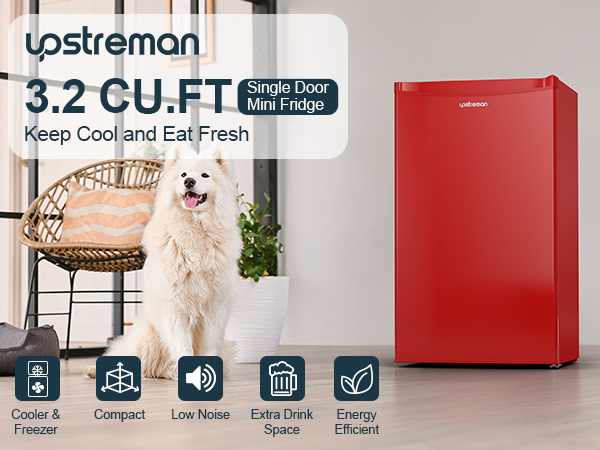 Upstreman 3.2 Cu.Ft Mini Fridge with Freezer, Single Door, Adjustable Thermostat, Refrigerator for Dorm, Office, Bedroom
