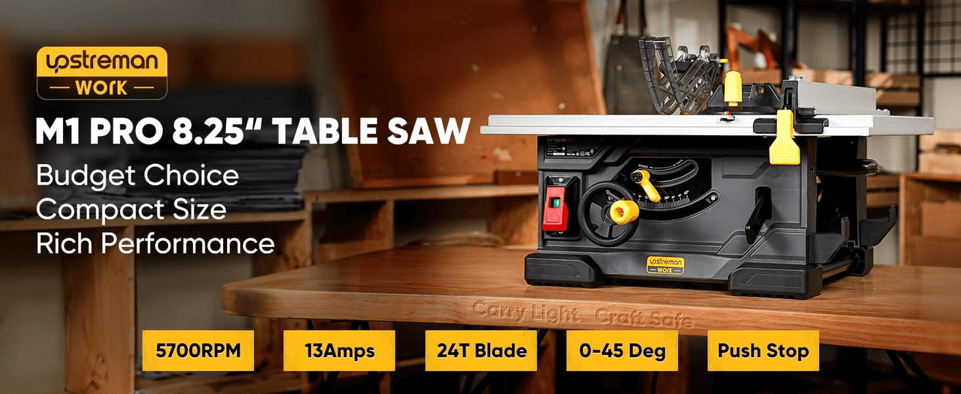 Upstreman M1 Pro 8.25" Table Saw, 13Amps, 5700RPM Rotor, with 24T Blade, Equipping with Onboard Carrying Handle Easy to Carry, 2.1“ Cut at 0 Deg, 1.6” Cut at 45 Deg, 0-45 Deg Adjustable