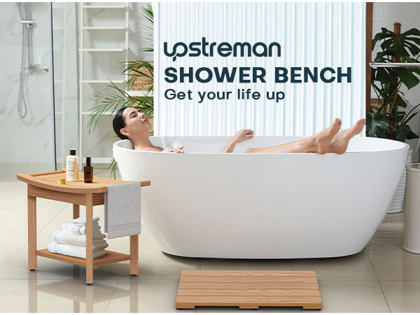 Upstreman 24" Shower Benches for Inside Shower Stool with Large Storage Shelf Water Resistant & Non-Slip Feets Design for Bathroom Living Room Bedroom (Teak Color)