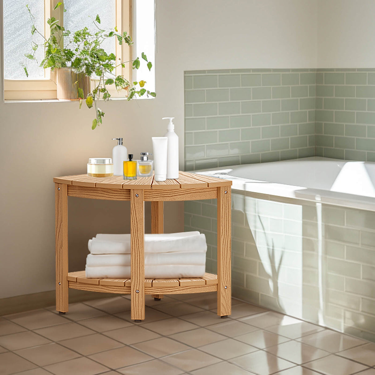 pstreman 16" Corner Shower Bench Shower Stool for Inside Shower Seat with Shelf Foot Rest for Shaving Legs Water Resistance No-Maintenance Wooden-Like for Bathroom Spa Small Spaces (Teak Color)