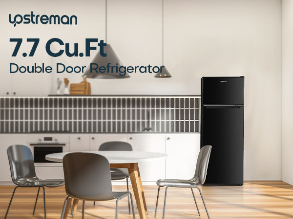 Upstreman 7.7 Cu.Ft. Double Door-Apartment Size Fridge with Large Capacity Top Freezer, Adjustable Thermostat Control, Reversible Door Swing,Black（BD75）