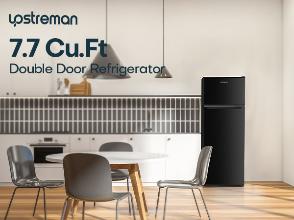 Upstreman 7.7 Cu.Ft. Double Door-Apartment Size Fridge with Large Capacity Top Freezer, Adjustable Thermostat Control, Reversible Door Swing,Black（BD75）