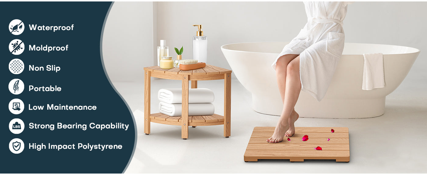 Upstreman 24" Shower Mat for Inside Shower Bath Mat for Bathroom Floor Spa Mat Water Resistance No-Maintenance Wooden-Like Non Slip for Bathtub, Pool, Seaside, Indoor & Outdoor Use (Teak Color)
