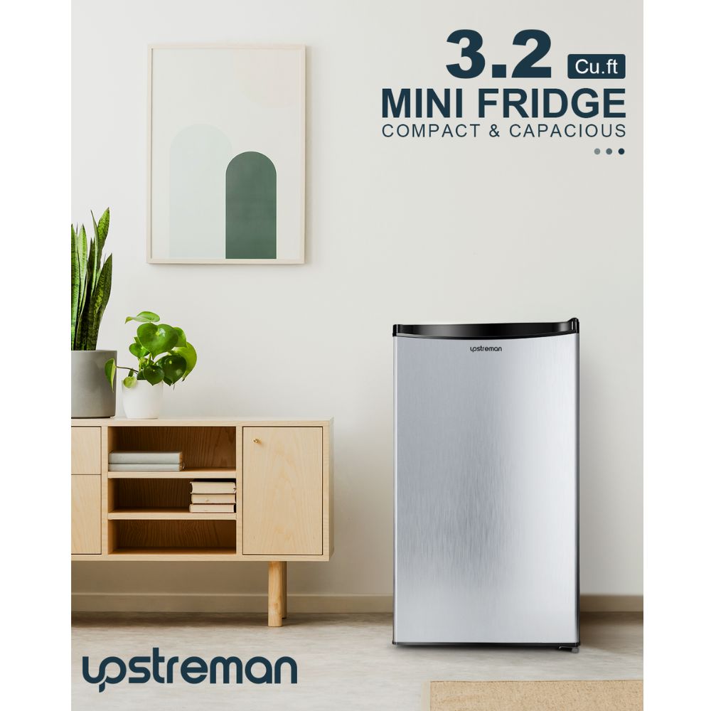 Upstreman 3.2 Cu.Ft Mini Fridge with Freezer, Single Door Mini Fridge, Adjustable Thermostat, Mini Refrigerator for Dorm, Office, Bedroom, Stainless Steel