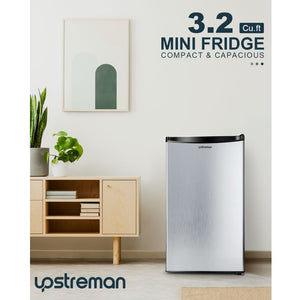Upstreman 3.2 Cu.Ft Mini Fridge with Freezer, Single Door Mini Fridge, Adjustable Thermostat, Mini Refrigerator for Dorm, Office, Bedroom, Stainless Steel