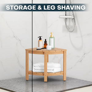 pstreman 16" Corner Shower Bench Shower Stool for Inside Shower Seat with Shelf Foot Rest for Shaving Legs Water Resistance No-Maintenance Wooden-Like for Bathroom Spa Small Spaces (Teak Color)