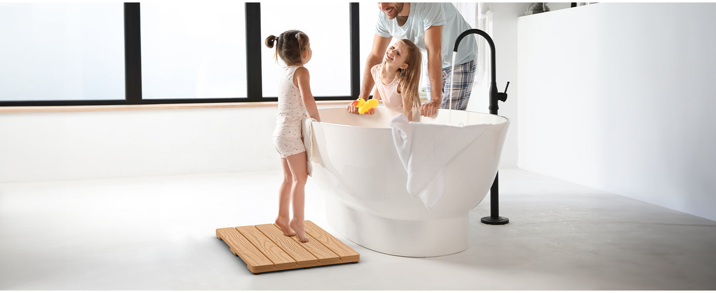 Upstreman 24" Shower Mat for Inside Shower Bath Mat for Bathroom Floor Spa Mat Water Resistance No-Maintenance Wooden-Like Non Slip for Bathtub, Pool, Seaside, Indoor & Outdoor Use (Teak Color)
