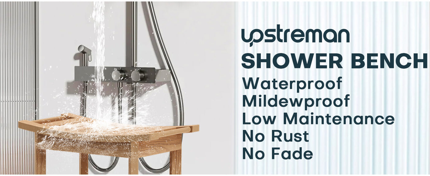 Upstreman 24" Shower Benches for Inside Shower Stool with Large Storage Shelf Water Resistant & Non-Slip Feets Design for Bathroom Living Room Bedroom (Teak Color)