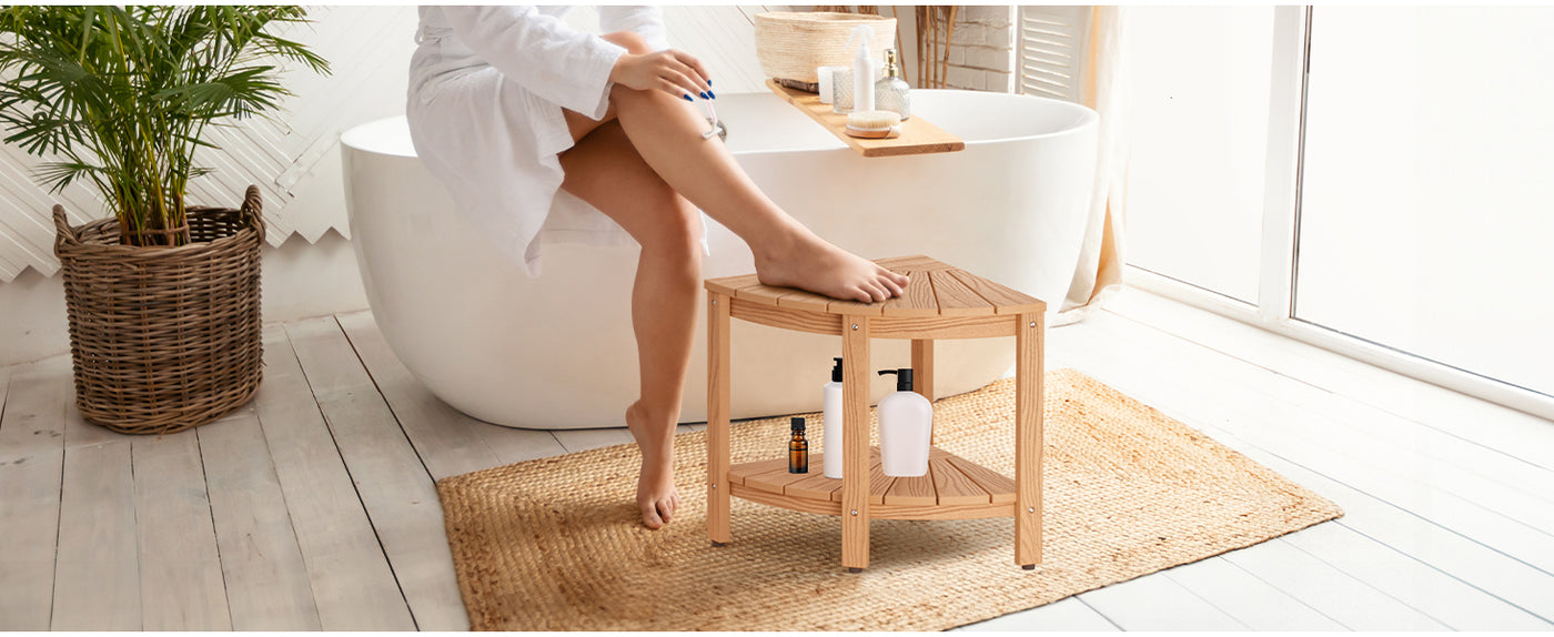 Upstreman 16" Corner Shower Bench Shower Stool for Inside Shower Seat with Shelf Foot Rest for Shaving Legs Water Resistance No-Maintenance Wooden-Like for Bathroom Spa Small Spaces (Teak Color)