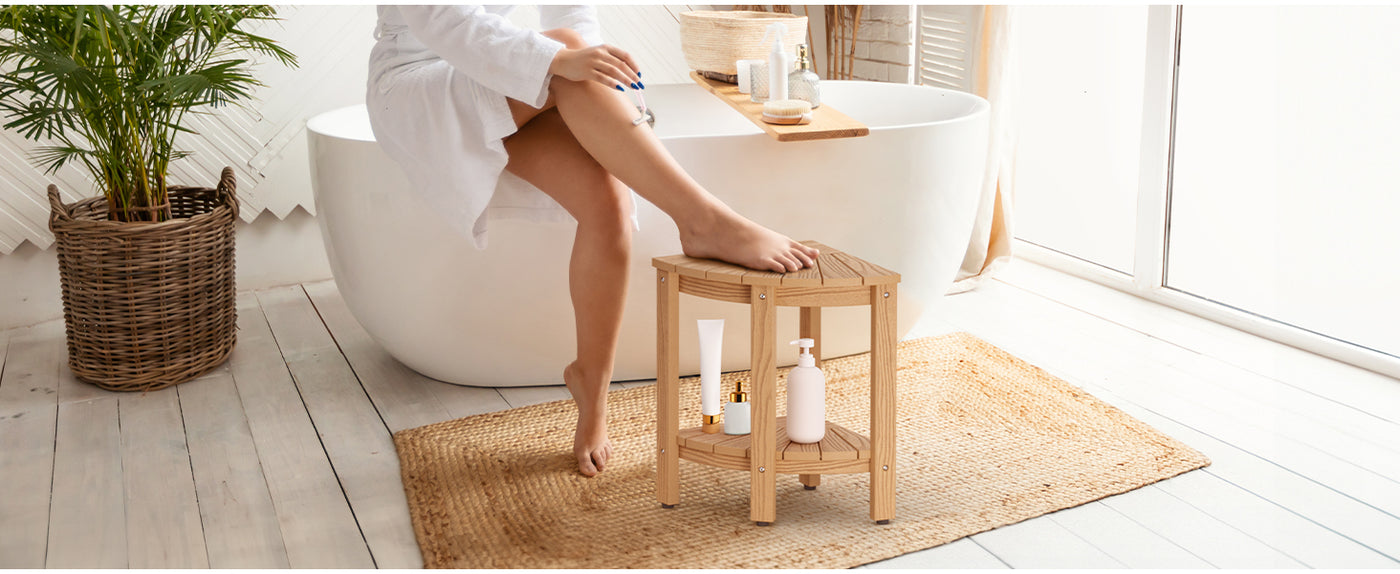 Upstreman 12" Corner Shower Bench Shower Stool for Inside Shower Seat with Shelf Foot Rest for Shaving Legs Water Resistance No-Maintenance Wooden-Like for Bathroom Spa Small Spaces (Teak Color)