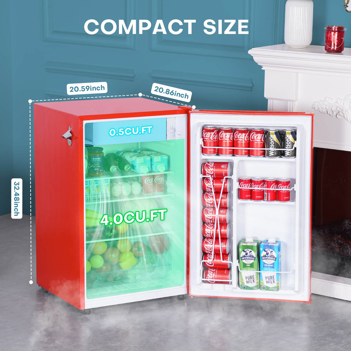 Upstreman 4.5 Cu Ft Retro Compact Refrigerator, Mini Fridge with Freezer for Bedroom, Adjustable Thermostat, Side Bottle Opener, Small Fridge for Office, Bedroom, Dorm, Bar, Red-CR45