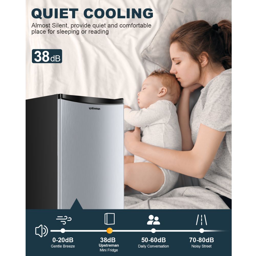 Upstreman 3.2 Cu.Ft Mini Fridge with Freezer, Single Door Mini Fridge, Adjustable Thermostat, Mini Refrigerator for Dorm, Office, Bedroom, Stainless Steel