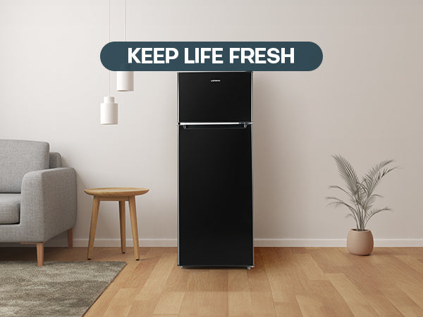 Upstreman 7.7 Cu.Ft. Double Door-Apartment Size Fridge with Large Capacity Top Freezer, Adjustable Thermostat Control, Reversible Door Swing,Black（BD75）