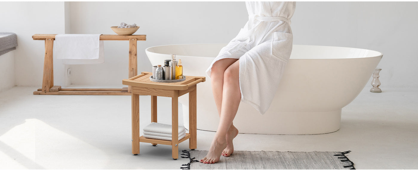  Play Video Click to see more videos        2 VIDEOS Upstreman 16" Shower Benches for Inside Shower Stool with Large Storage Shelf Water Resistant & Non-Slip Feets Design for Bathroom Living Room Bedroom (Teak Color)