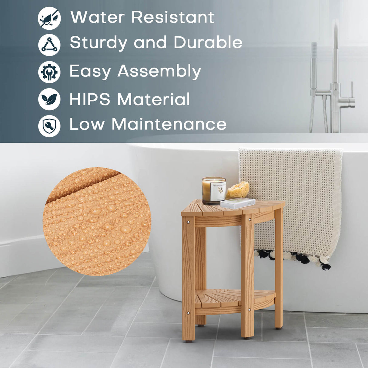 Upstreman 12" Corner Shower Bench Shower Stool for Inside Shower Seat with Shelf Foot Rest for Shaving Legs Water Resistance No-Maintenance Wooden-Like for Bathroom Spa Small Spaces (Teak Color)