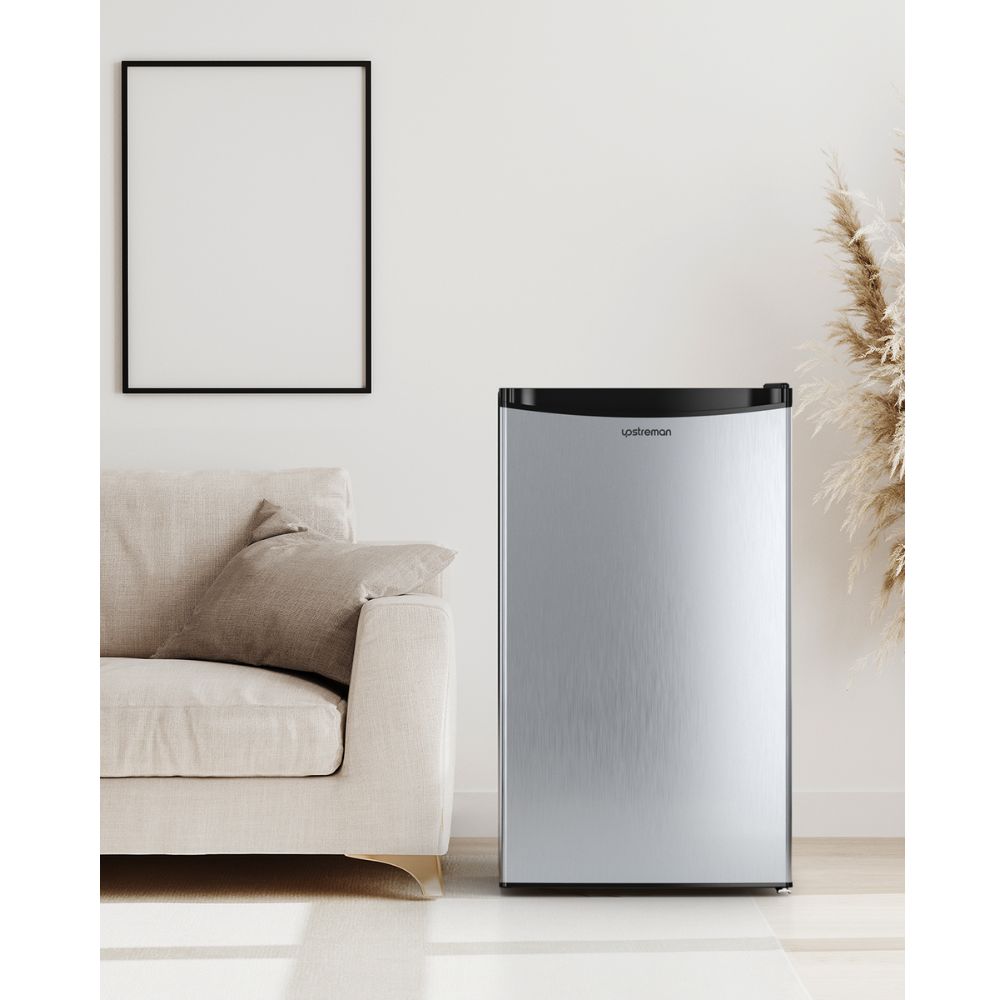 Upstreman 3.2 Cu.Ft Mini Fridge with Freezer, Single Door Mini Fridge, Adjustable Thermostat, Mini Refrigerator for Dorm, Office, Bedroom, Stainless Steel