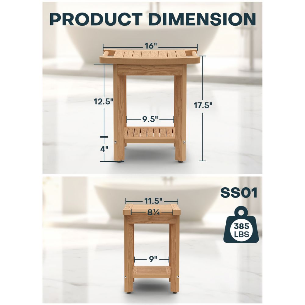 Upstreman 16" Shower Benches for Inside Shower Stool with Large Storage Shelf Water Resistant & Non-Slip Feets Design for Bathroom Living Room Bedroom (Teak Color)