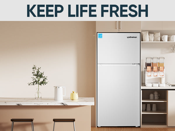 Upstreman 17.6 Cu.Ft. Double Door Fridge in White Steel with Large Capacity Top Freezer, Frost Free, Adjustable Thermostat Control, Fingerprint-resistant,Reversible Door Swing, ENERGY STAR