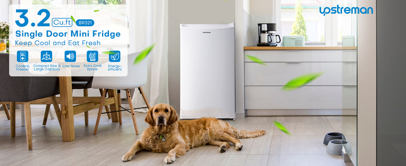 Upstreman 3.2 Cu.Ft Mini Fridge with Freezer, Single Door Mini Fridge, Adjustable Thermostat, Mini Refrigerator for Dorm, Office, Bedroom, White